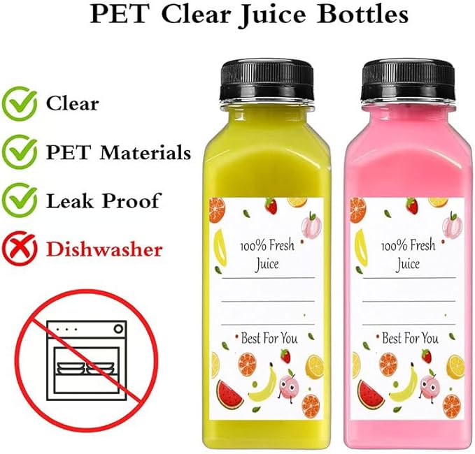Plastic Juice Bottles with Caps 10pcs 12oz, Reusable Juice Containers with Black Tamper-Evident Lids, Clear Bottles for Juicing, Milk, Smoothie Bottle, Drinking with 10 Labels, Brush and Funnel