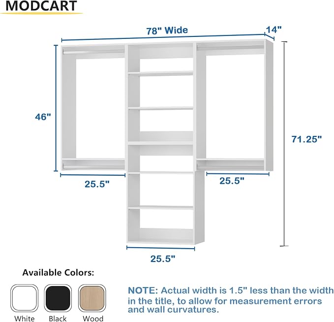 Modular Closet System, 78" Wide Closet Organizer System with Hanging and Towers, Wood Tower Closet Storage for Walk In Closets, Wall Mounted Wardrobe Organizer Kit System, Bedroom, White