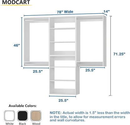 Modular Closet System, 78" Wide Closet Organizer System with Hanging and Towers, Wood Tower Closet Storage for Walk In Closets, Wall Mounted Wardrobe Organizer Kit System, Bedroom, White