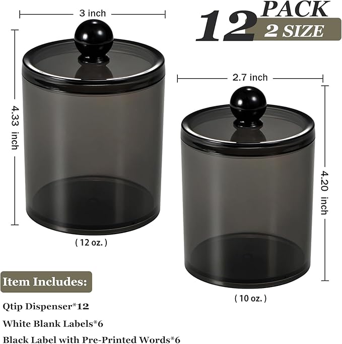 SheeChung 12 Pack Qtip Holder,Black Acrylic Apothecary Jars with Lids & Labels - (6) 10oz & (6) 12oz Qtip Holder Set,Plastic Bathroom Canisters,Minimalist Shatterproof Home Bathroom Storage Organizer