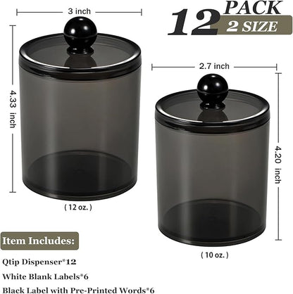SheeChung 12 Pack Qtip Holder,Black Acrylic Apothecary Jars with Lids & Labels - (6) 10oz & (6) 12oz Qtip Holder Set,Plastic Bathroom Canisters,Minimalist Shatterproof Home Bathroom Storage Organizer