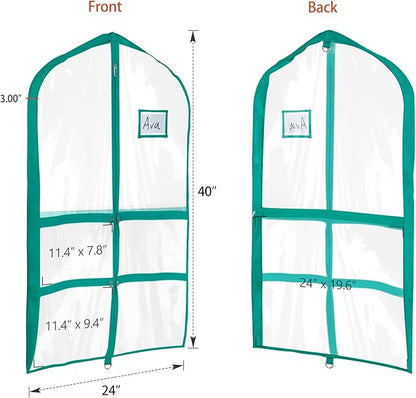 Univivi Clear Blue-green PVC Dance Costume Bags Garment Bag 40 Inch for Dance Competitions, with 4 Medium Clear Zipper Pockets and 1 Large Back Zippered Pocket (1 Pack)
