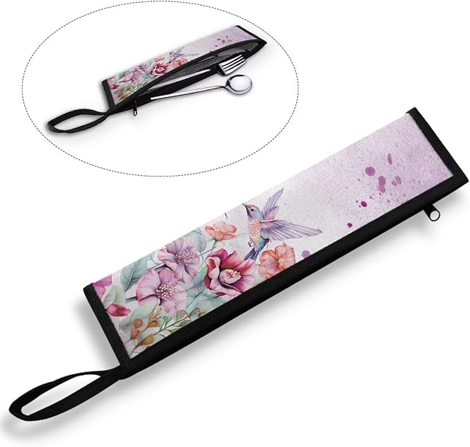 COEQINE Portable Travel Solverware Bag Portable Utensil Case Women Aesthetic Hummingbirds Travel Portable Utensil Case With Keychain