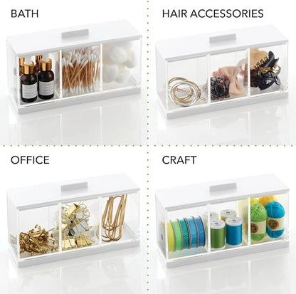 mDesign Cosmetic Divided Organizer Storage Canister Box with 3 Sections and Lid for Bathroom Vanity Countertop - Holder for Cotton Swabs, Perfume, Lipstick - Lumiere Collection - Clear/White