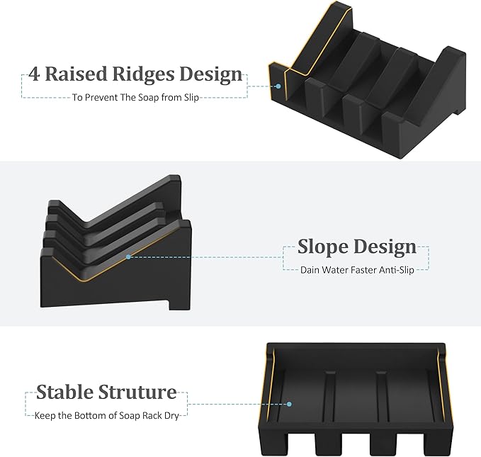 Silicone Soap Dish, 3-Piece Extended Self-Draining Shower Soap Holder, Black