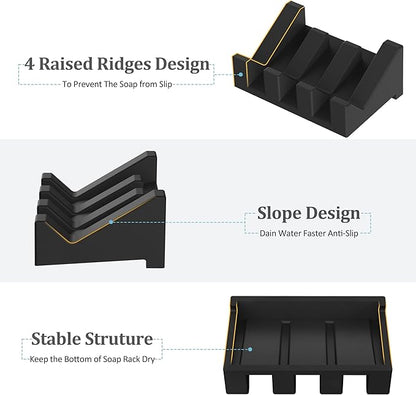 Silicone Soap Dish, 3-Piece Extended Self-Draining Shower Soap Holder, Black