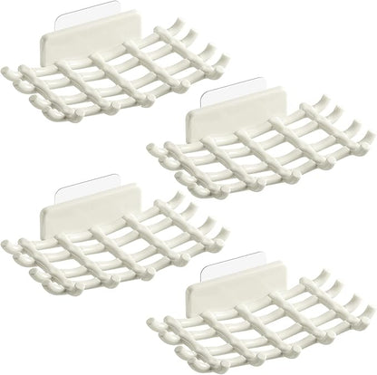 Shower Soap Holder for Wall, Adhesive Bar Soap Dish with Self Draining Grid, Side Hooks and No Drilling Mount, White, 4 Pack