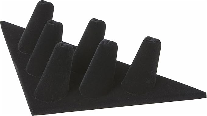 Plymor Black Velvet Ring Finger Display, Six on Triangular Base, 7" W x 3.25" D x 1.5" H