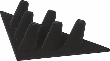 Plymor Black Velvet Ring Finger Display, Six on Triangular Base, 7" W x 3.25" D x 1.5" H