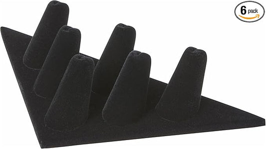 Plymor Black Velvet Ring Finger Display, Six on Triangular Base, 7" W x 3.25" D x 1.5" H (Pack of 6)