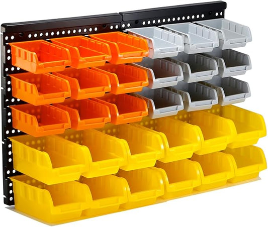 30-Bin Wall Mounted Storage Bins Kit, Tool Organizer Rack, Garage Hardware Organizer, Parts Storage Bins, DIY Combination(Grey & Orange & Yellow Type)