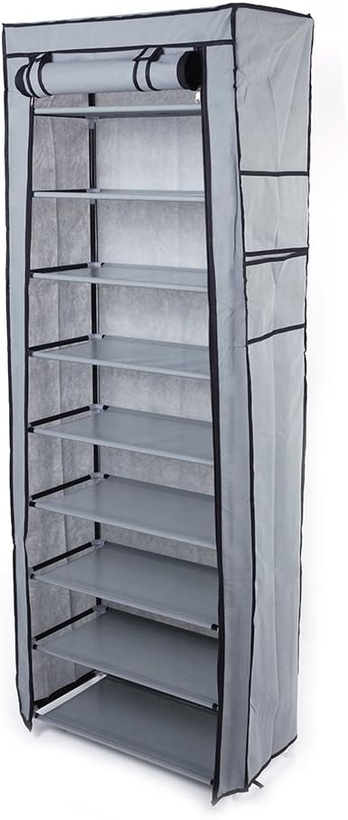 10 Tiers Shoe Rack with Dustproof Cover Shoe Storage Organizer Cabinet Shoe Shelf Tower,Non-Woven Fabric Cover (Gray)