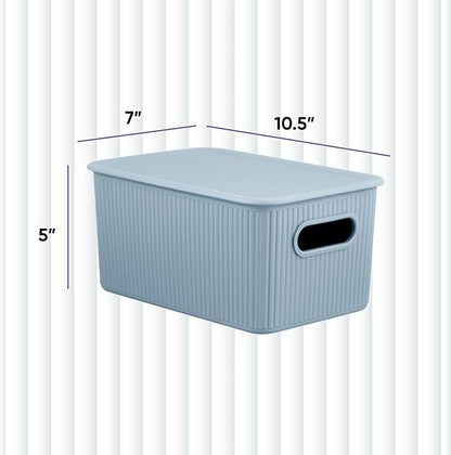Decorative Plastic Basket Lidded Home Storage Bins Organizer Baskets, Medium Blue (1 Pack - 5 Liter) Stackable Container Box, for Organizing Closet Storage Bins for Shelves - Ribbed Collection