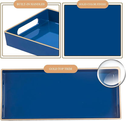 MAONAME Royal Blue Vanity Tray Set of 2, Plastic Decorative Tray with Handles, Long Narrow Trays, Rectangular Bathroom Trays for Toilet Tank, 13.8" X 6" X 1.57"