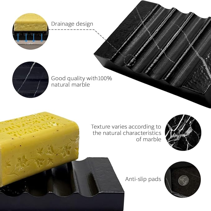 WeDoDecor Real Matte Black Marble Soap Dish for Bathroom Sink & Shower Stone Tray Small Unique Bar Soap Holder with Draining | Non-Slip, Luxury Bath Room Accessories