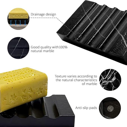 WeDoDecor Real Matte Black Marble Soap Dish for Bathroom Sink & Shower Stone Tray Small Unique Bar Soap Holder with Draining | Non-Slip, Luxury Bath Room Accessories