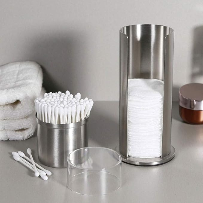 Buachois Cosmetic Cotton Pads Storage Rack,2 in 1Stainless Steel Cotton Swabs Holder Dispenser,Cotton Pads Swabs Organizer Box Cosmetic Cases Holder