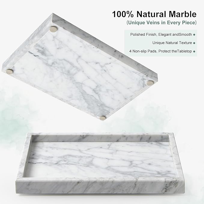 Large Marble Vanity Tray, Luxury Stone Organizer for Bathroom & Kitchen Counter | Holds Soap Dispenser, Jewelry, Perfume Bottles | Non-Resin, Non-Ceramic Décor