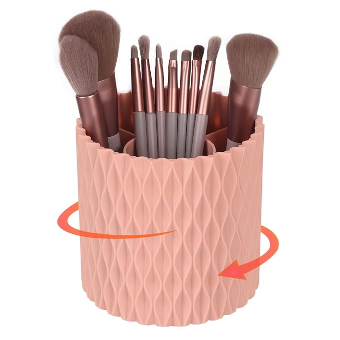 Makeup Brush Holder Organizer - 360° Rotating, 5-Slot Brush Cup for Cosmetics, Lipsticks, Pens | Vanity & Desk Organizer (Pink)