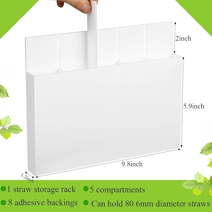 Honeydak Magnetic Acrylic Straw Holder for Cabinet Door with Adhesive Tapes and 5 Removable Partitions, Reusable Straw Organizer Storage Space-saving for Cabinet Door Fridge Kitchen(White,9.8 Inch)