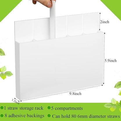 Honeydak Magnetic Acrylic Straw Holder for Cabinet Door with Adhesive Tapes and 5 Removable Partitions, Reusable Straw Organizer Storage Space-saving for Cabinet Door Fridge Kitchen(White,9.8 Inch)