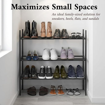 Simple Houseware Space-Saving 3-Tier Shoe Rack - Expandable & Stackable Metal Footwear Organizer for Entryway or Closet, Black