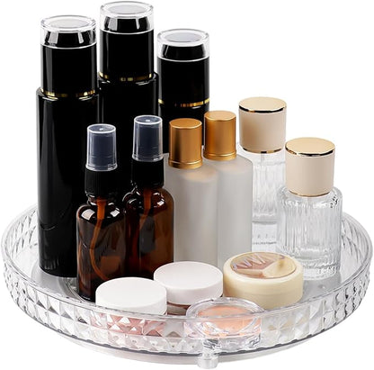 360 Clear Rotating Makeup Organize for Vanity,1 Tier Lazy Susan with Diamond Pattern, Large-Capacity Skincare Organizers Cosmetic Display Case Organizer for Dresser (Clear White, 1Tier)