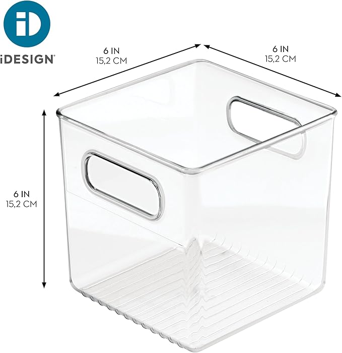 iDesign Recycled Plastic Pantry and Kitchen Storage, Freezer and Fridge Organizer Bin with Easy Grip Handles – 6” x 6” x 6”, Clear