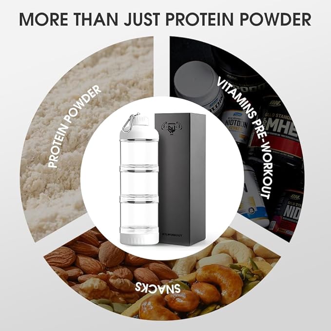 BYLWORKOUT 3 Layers Protein Travel Container with Funnel and Keychain | Cute Protein and Kitchen Storage Containers | Clear Plastic Kitchen Grade Box Organisers for Workout and Travel (White)