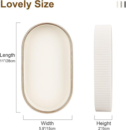 GORESE Oval Vanity Tray Perfume Organizer, PU Leather Valet Jewelry Trays Nightstand Organizer Key Bowl Trinket Dish for Entryway Dresser Bedside, Catchall Trays for Men Women, 11×5.9 in, Cream White