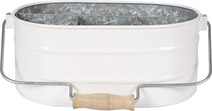 Galvanized Metal Caddy with 4 Compartments, Rustic Farmhouse Kitchen Indoor Outdoor Picnic Utensil Holder, Multipurpose Storage Bin, Metal Garden Planters - 12 Inch - White