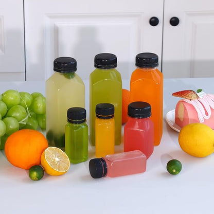 Moretoes 6pcs 2oz Plastic Shots Bottles with Caps, Plastic Juice Bottles with Lids, Clear Reusable Water Bottles, Ginger Shots, Leak Proof, Disposable Beverage Containers for Juicing, Smoothie, Milk