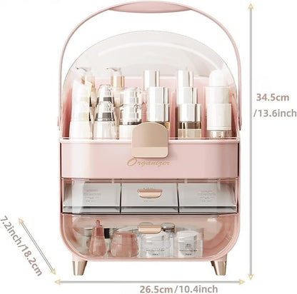 Makeup Organizer, Skincare Organizers with Clear Lid & 2 Drawers and 360° Rotating Brush Holder