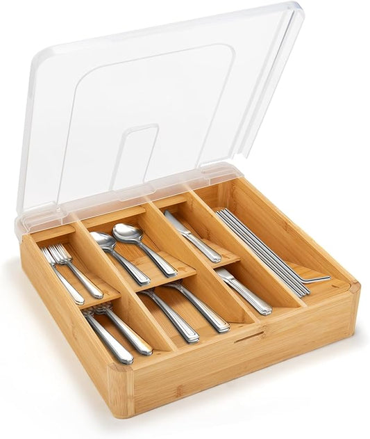Bamboo Kitchen Drawer Organizer, Silverware Utensil Tray Holder, Extra Deep Grooved Drawer Divider, 7 Slots Total Bamboo Wood Caddy for Flatware Cutlery Knives, Forks, Spoons Eco-Friendly