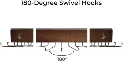 StorageWorks Tie Rack with 20 Hooks, 2-Pack Wall-Mounted Wooden Hangers for Neckties, Belts, Hats, Natural Walnut Color