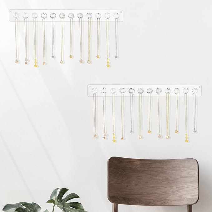 4Pcs Acrylic Necklace Holder Wall,Clear Necklace Hanger with 12 Hook for Girls Women,Easy Install Necklace Hanger Wall Mount Jewelry Organizer wall mount for Necklaces, Bracelets, Chains
