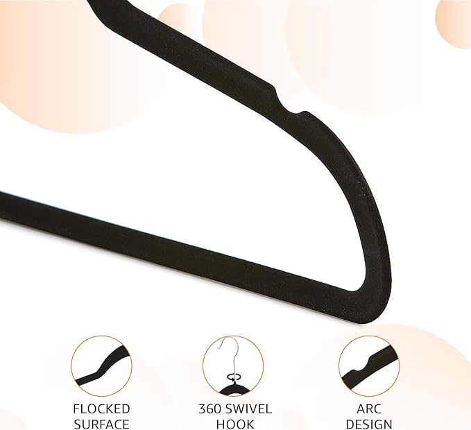 Velvet Clothing Hangers, Non Slip Ultra Slim Space Saving Design, 360 Degree Swivel Hook, Heavy Duty for Suits Coats Pants Dresses, 50 Pack Black