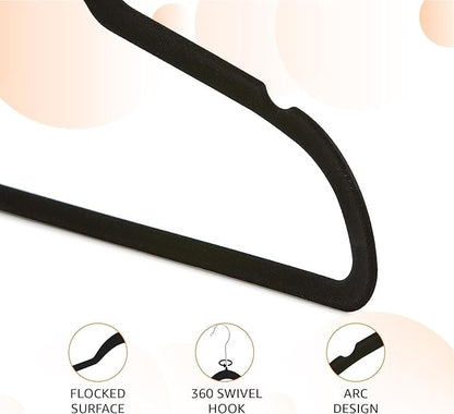 Velvet Clothing Hangers, Non Slip Ultra Slim Space Saving Design, 360 Degree Swivel Hook, Heavy Duty for Suits Coats Pants Dresses, 50 Pack Black