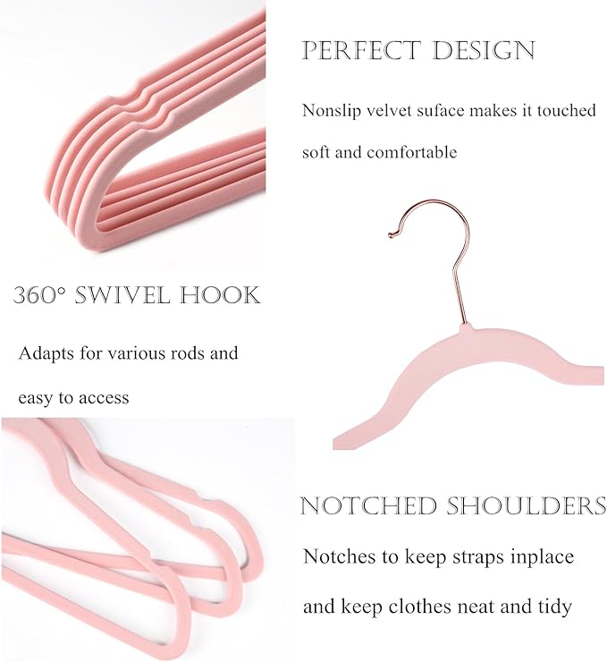 Premium Blush Pink Velvet Hangers (Pack of 50) Heavyduty - Non Slip - Copper/Rose Gold Hooks,Space Saving Clothes Hangers