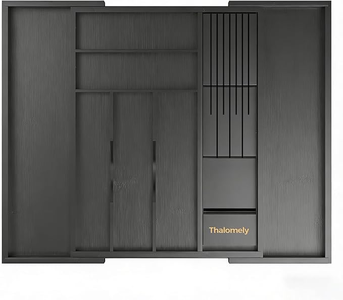 Bamboo Kitchen Drawer Organizer, Expandable Silverware Organizer with Removable Knife Block, 6-8 Slots- Utensil Holder & Cutlery Tray Drawer Dividers, 2.36" Deep for Extra Capacity, Black