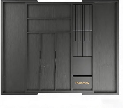 Bamboo Kitchen Drawer Organizer, Expandable Silverware Organizer with Removable Knife Block, 6-8 Slots- Utensil Holder & Cutlery Tray Drawer Dividers, 2.36" Deep for Extra Capacity, Black
