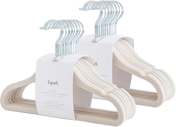 3 Sprouts Velvet Baby Hangers - Non-Slip Hangers for Infant and Toddler Clothes - Slim Space-Saving Design with Nordic Colors for Nursery - 30 Pack - Beige
