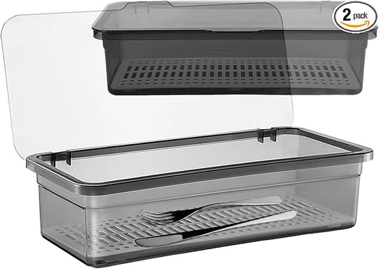SUNSHNO 2PCS Flatware Tray with Lid and Drainer, Tableware Utensil and Cutlery Drawer Organizer with Lid Covered Silverware Tray to Keeps Your Cutlery Organized and Protected