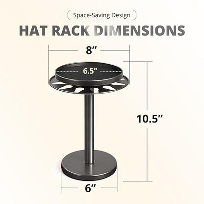 kondyfayo 360° Rotating Hat Organizer for Baseball Caps, Stainless Steel Hat Rack Holder with Top Storage Tray for Small Essentials, Ball Cap Storage Organizer for Closet, Entryway, Display (T-Black)