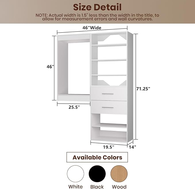 ROOMTEC Modular Closet System, 46" Wall Mounted Closet Organizer with Hanging Rods and Drawers, Wooden Tower for Walk-In Closets, Wardrobe Storage Kit, White