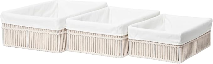 Cotton Rope Storage Baskets (Set of 3) - Hand Woven Organizing Basket with Removable Liner & Iron Frame, Decorative Shelf Storage for Closet & Bedroom (Off-white)