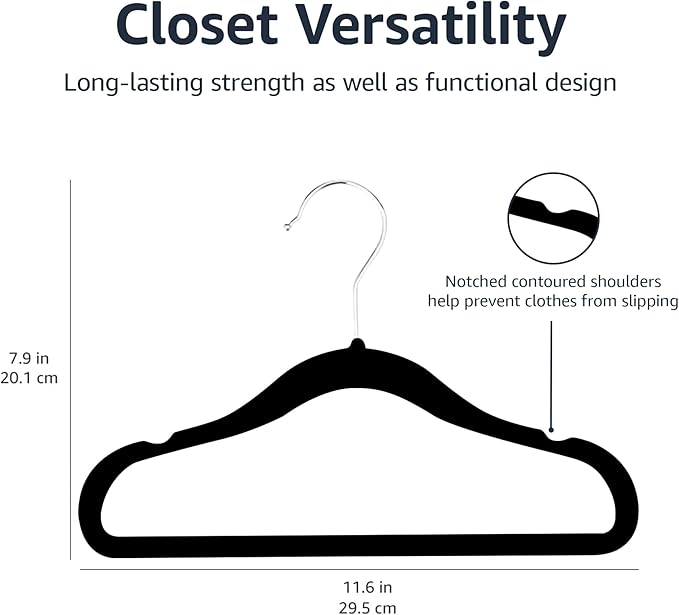 Amazon Basics Kids Space Saving Velvet Non-Slip Clothes Hangers with Shoulder Notches for Infant and Toddler, 11.6", Black, 50-Pack