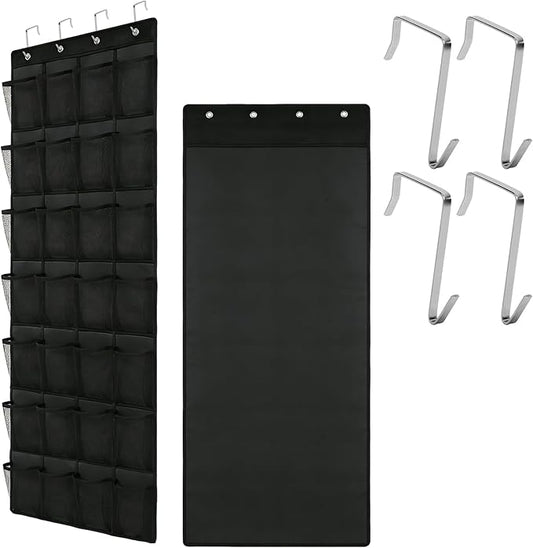Over the Door Shoe Organizer, 28 Large Breathable Mesh Pockets, Space Saving Hanging Storage, Holds Up to 40 lbs, Hangs on Closets for Shoes, Accessories, Black