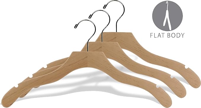 Wavy Wood Top Hanger, Box of 25 Space Saving 17 Inch Wooden Hangers w/Natural Finish & Chrome Swivel Hook & Notches for Shirt Jacket or Dress