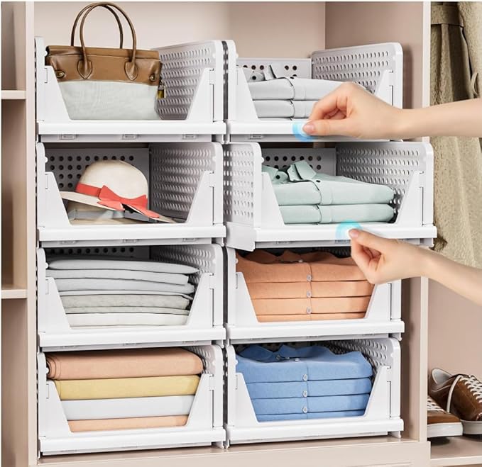 caktraie 4 Pack Stackable Closet Storage Basket - Stackable Storage Bins, Multifunctional & Foldable Closet Organizer Divided, Wardrobe Cupboard Space-Saving Clothes Storage Hat Organizer, White